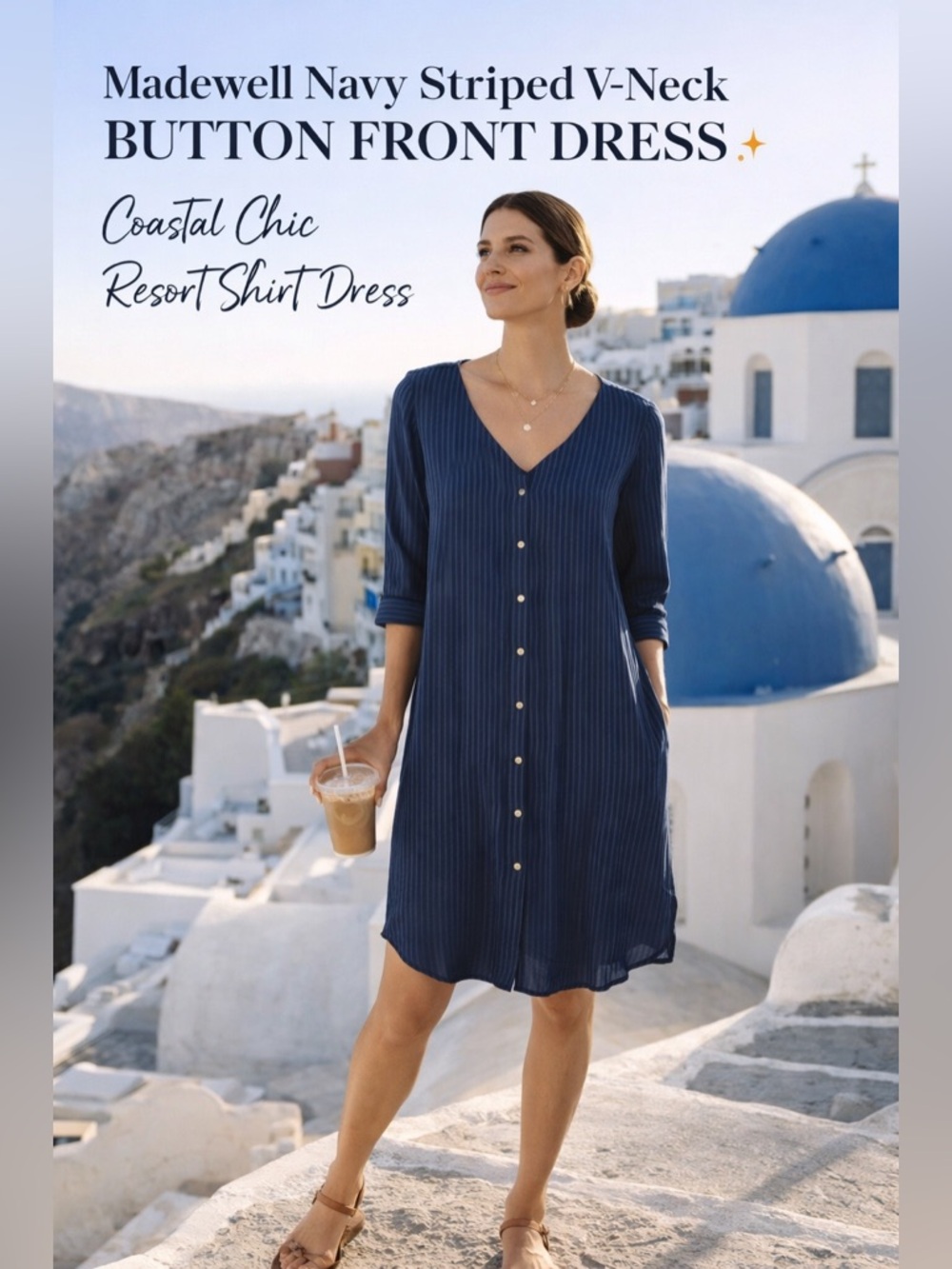 Madewell Navy Striped V-Neck Button Front Dress ✨Coastal Chic Resort Shirt Dress